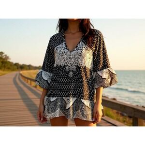 Jessica Simpson Maternity Black White Boho Floral Print Bell Sleeve Tunic Top M